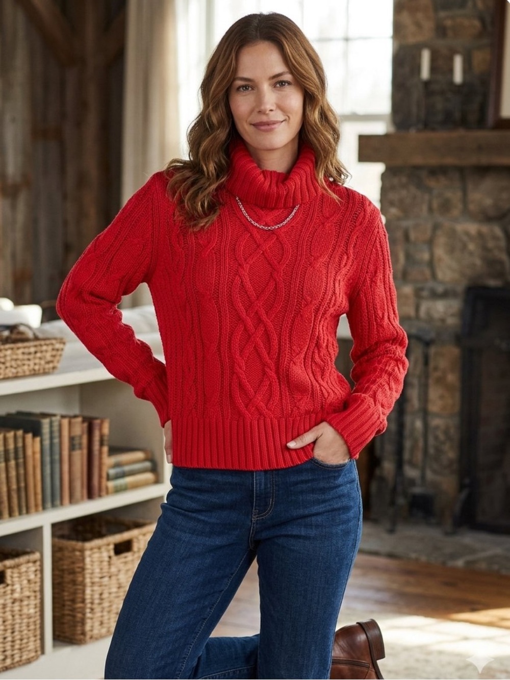 Lands End Women’s Drifter Red Cable Knit Chunky 100% Cotton Turtleneck Sweater L